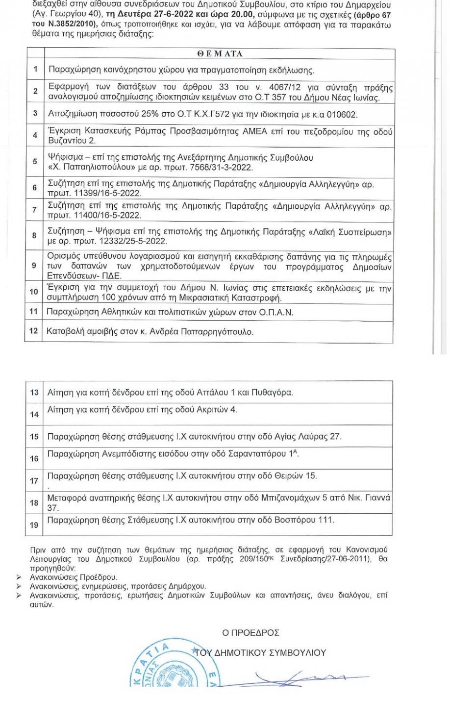 Ακόμα ένα ενδιαφέρον συμβούλιο στη Ν. Ιωνία. Δευτέρα 27.06, 8.00 μμ