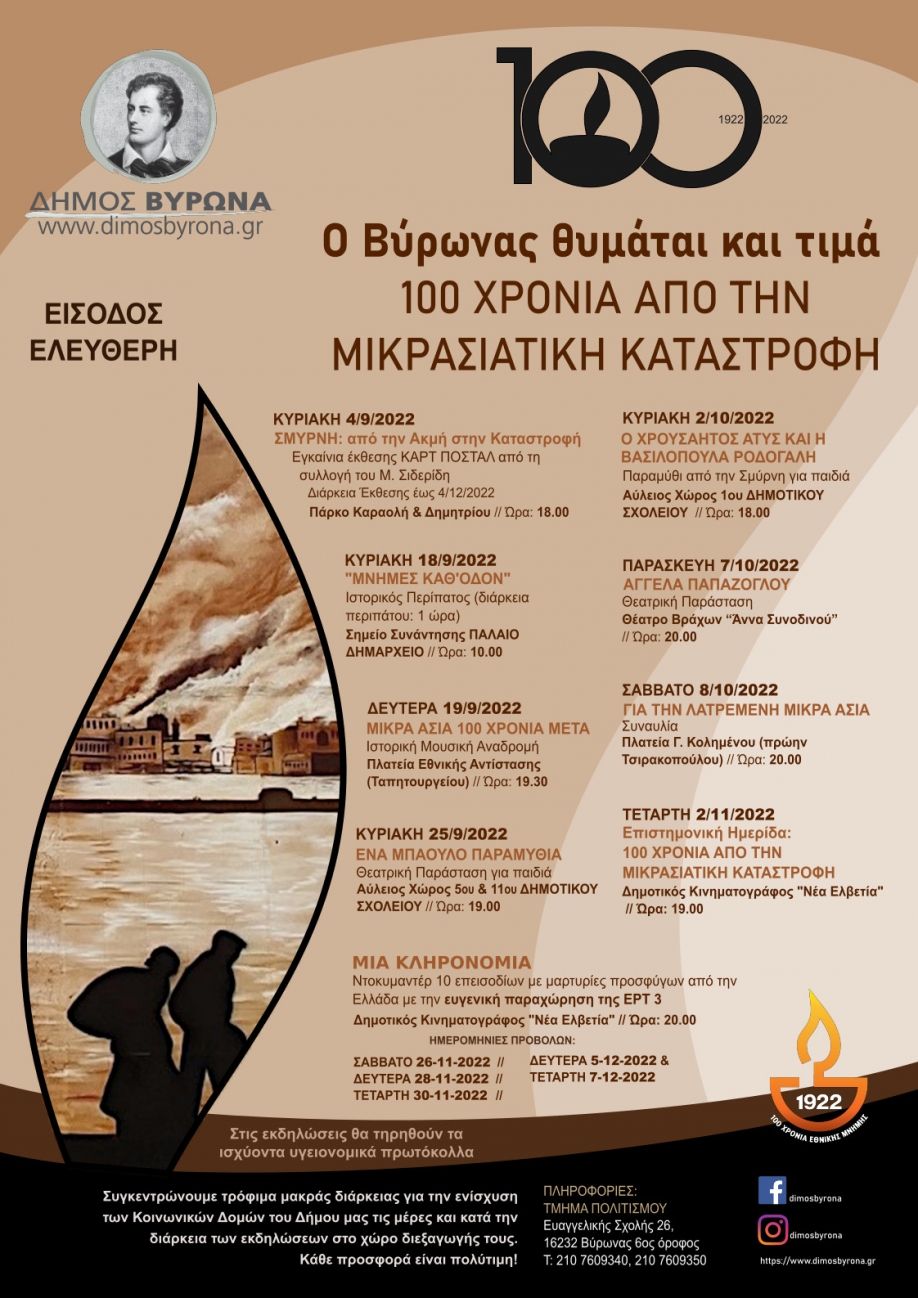 Δήμος Βύρωνα: Σειρά πολιτιστικών εκδηλώσεων για τα 100 χρόνια  από τη Μικρασιατική Καταστροφή