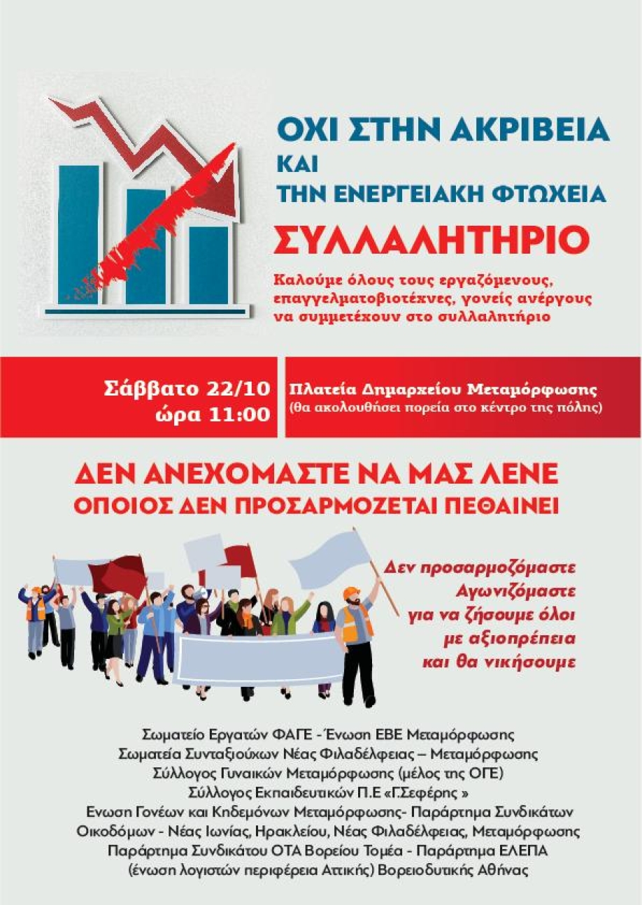 Συλλαλητήριο κατά της ακρίβειας διοργανώνουν φορείς και Σύλλογοι της Μεταμόρφωσης