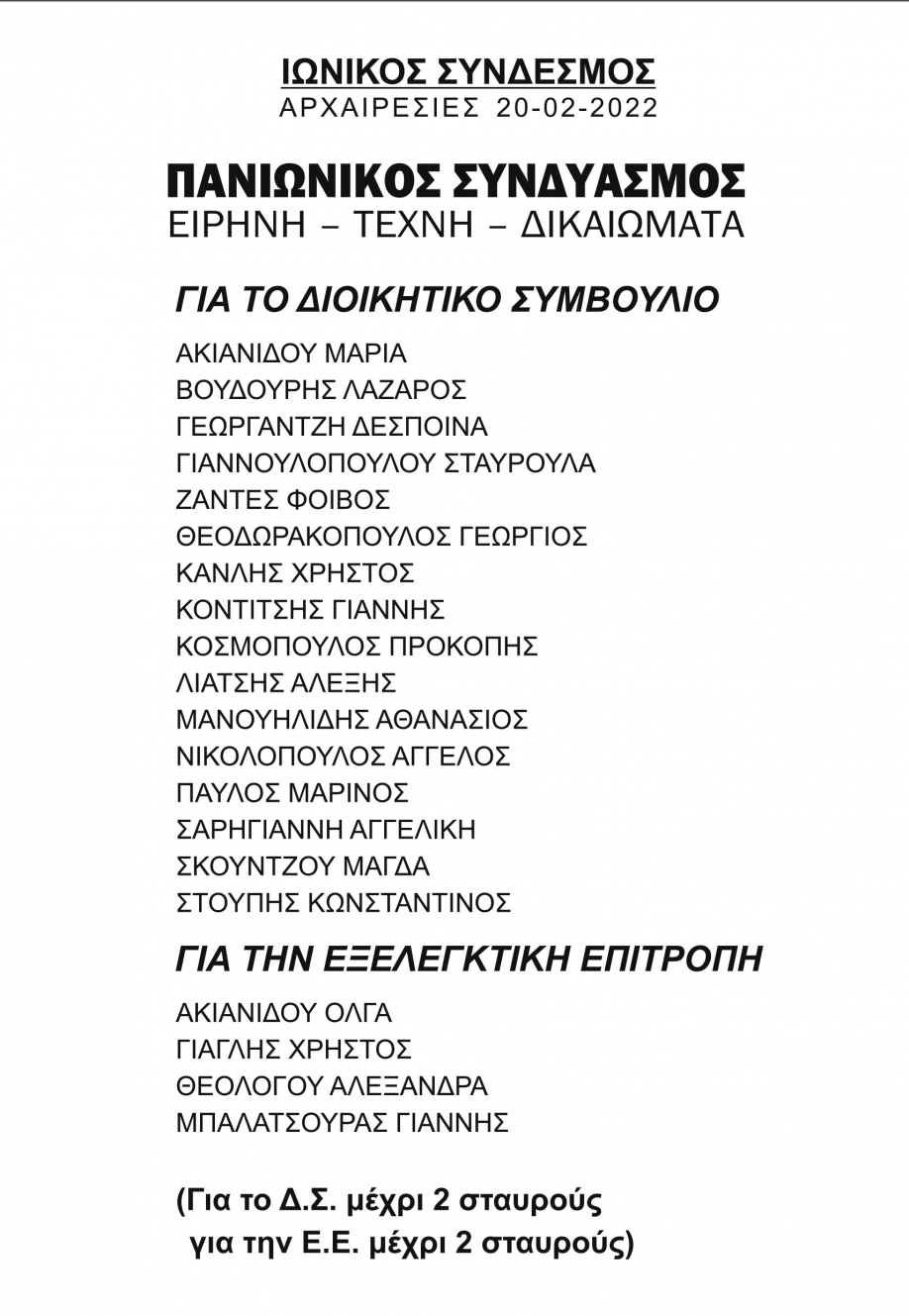 Εκλογές Ιωνικού Συνδέσμου: Ανακοίνωση - κάλεσμα του Πανιωνικού Συνδυασμού