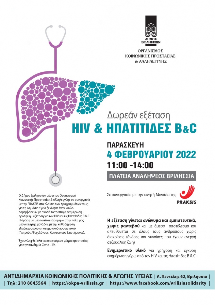 Δωρεάν εξέταση HIV &amp; Ηπατίτιδας Β &amp; C από την PRAKSIS, στον Δήμο Βριλησσίων